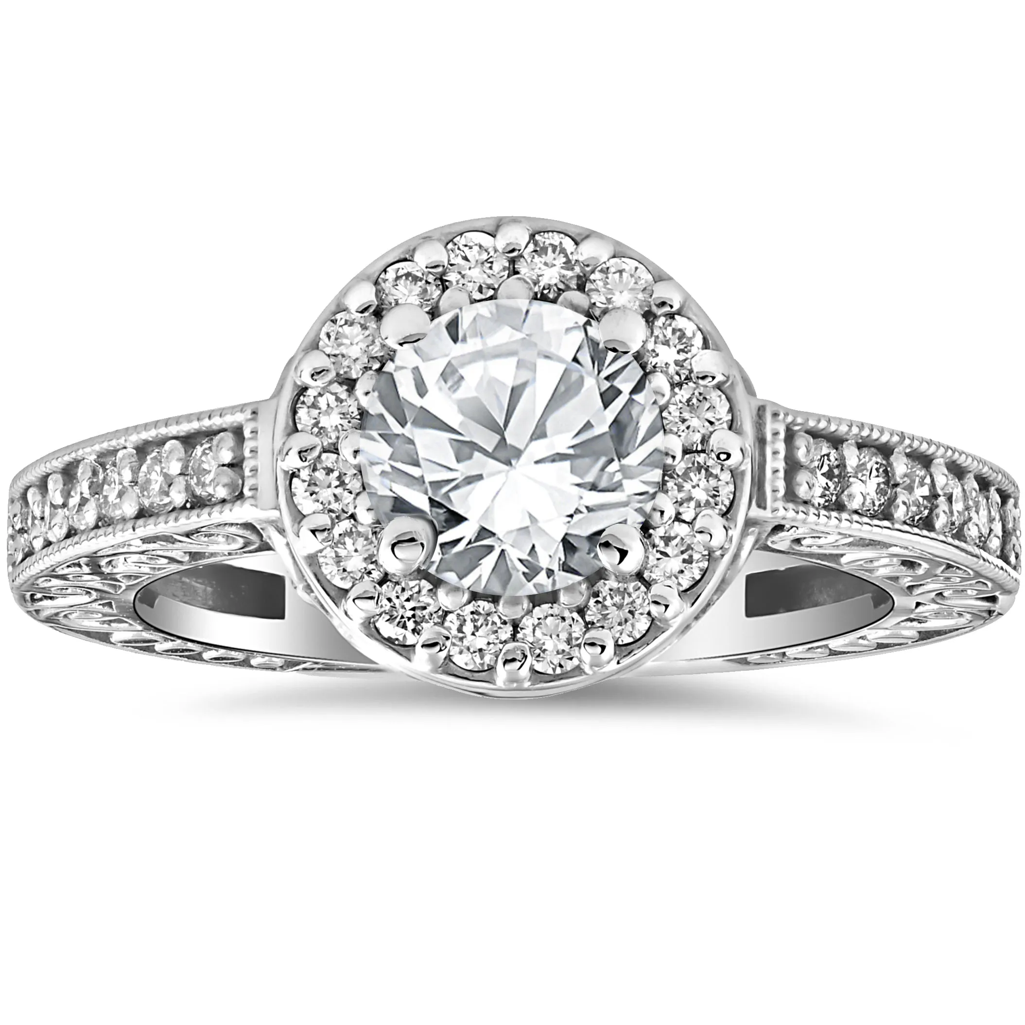 1 1/3 cttw Diamond Antique Halo Art Deco Engagement Ring 14k White Gold