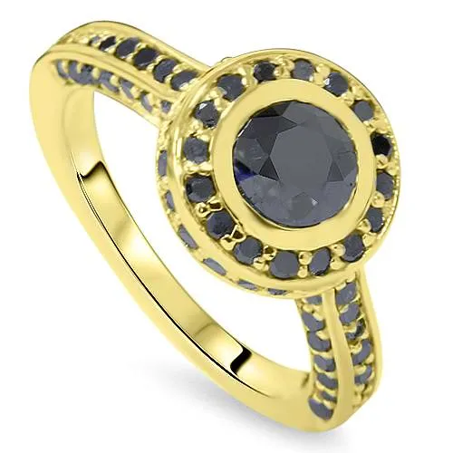 1 7/8ct Black Diamond Bezel Engagement Ring 14K Yellow Gold