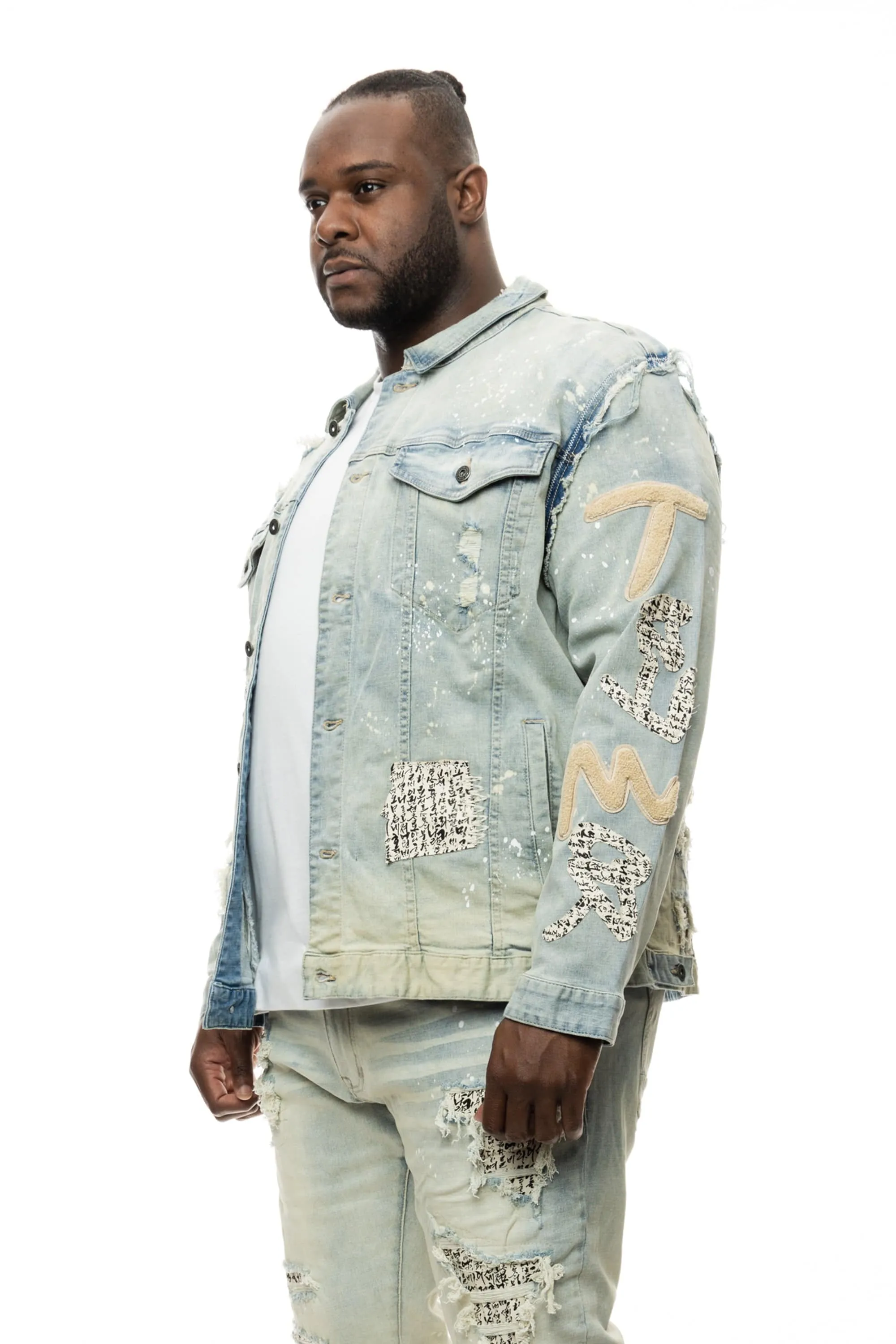 Big and Tall Doodle Jean Jacket - Ombre Blue