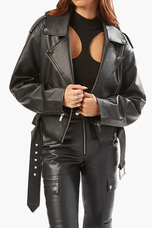 Black Faux Leather Cropped Moto Jacket