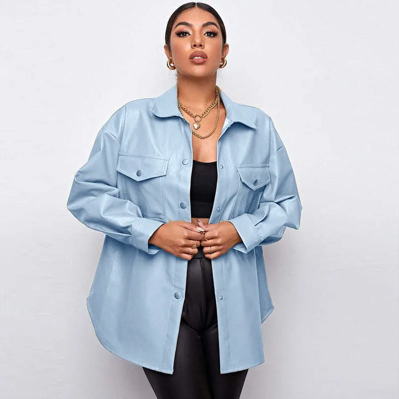 Blue Oversized faux-Leather Jacket