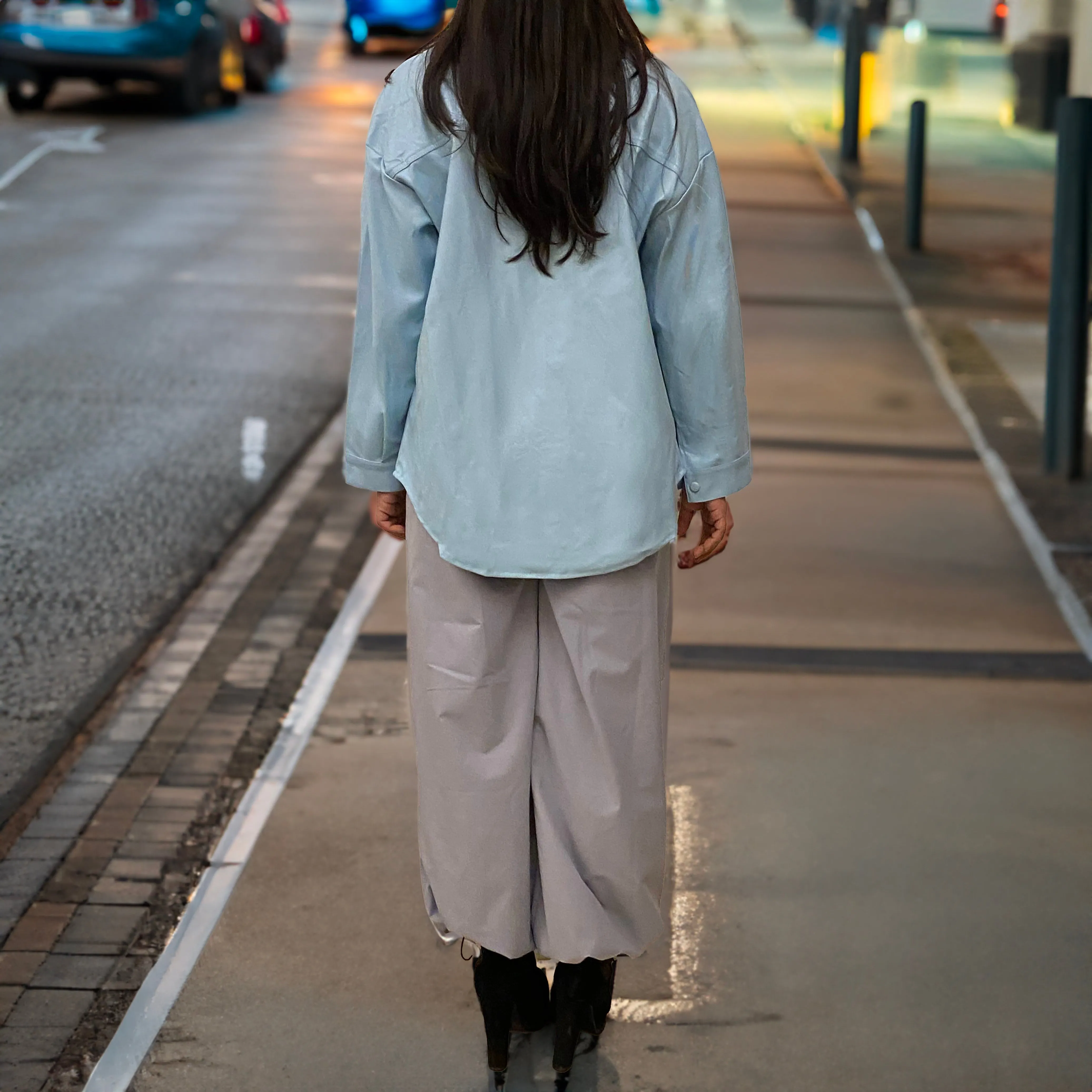 Blue Oversized faux-Leather Jacket