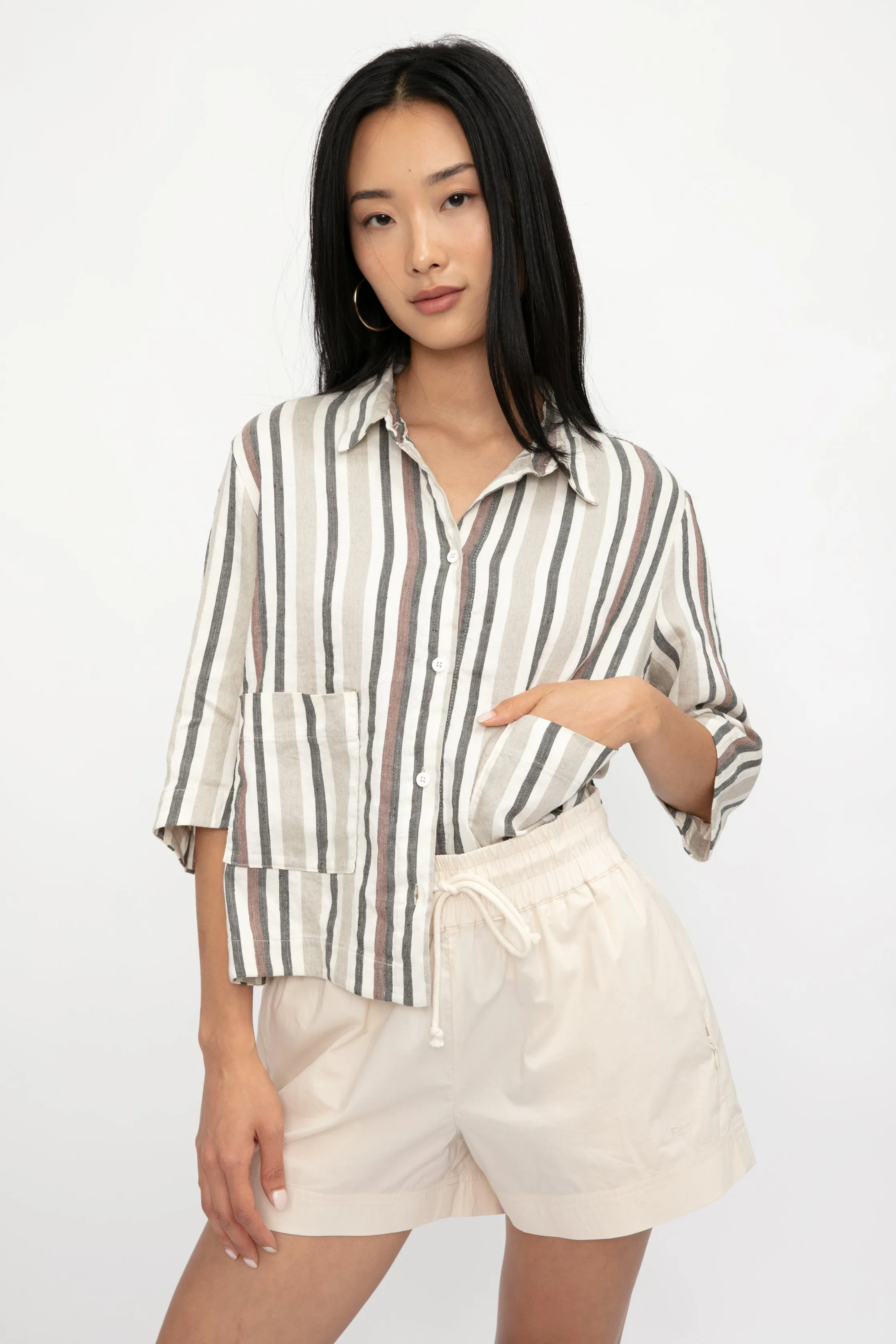 Boxy Linen Shirt Jacket in Carob Stripe