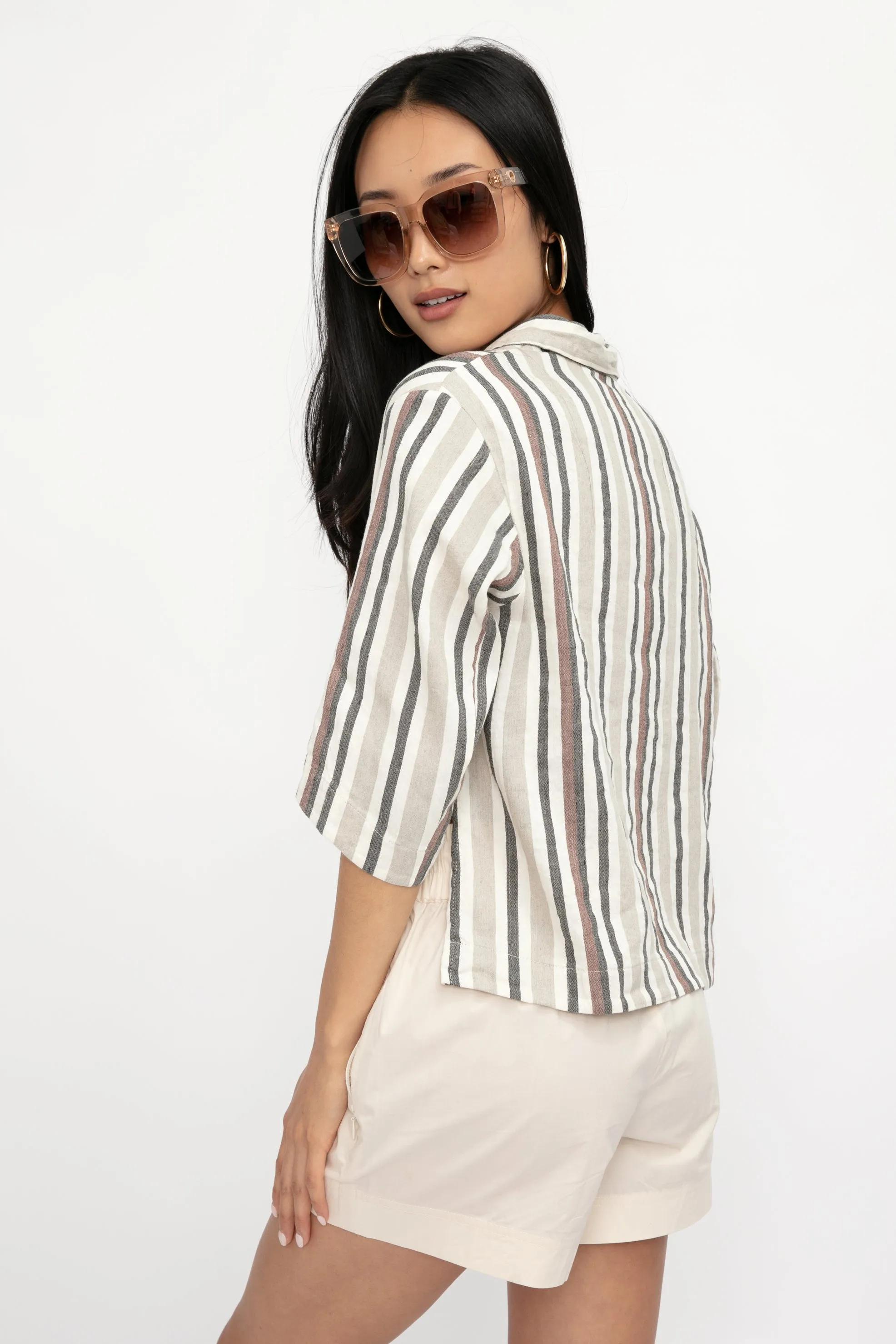 Boxy Linen Shirt Jacket in Carob Stripe