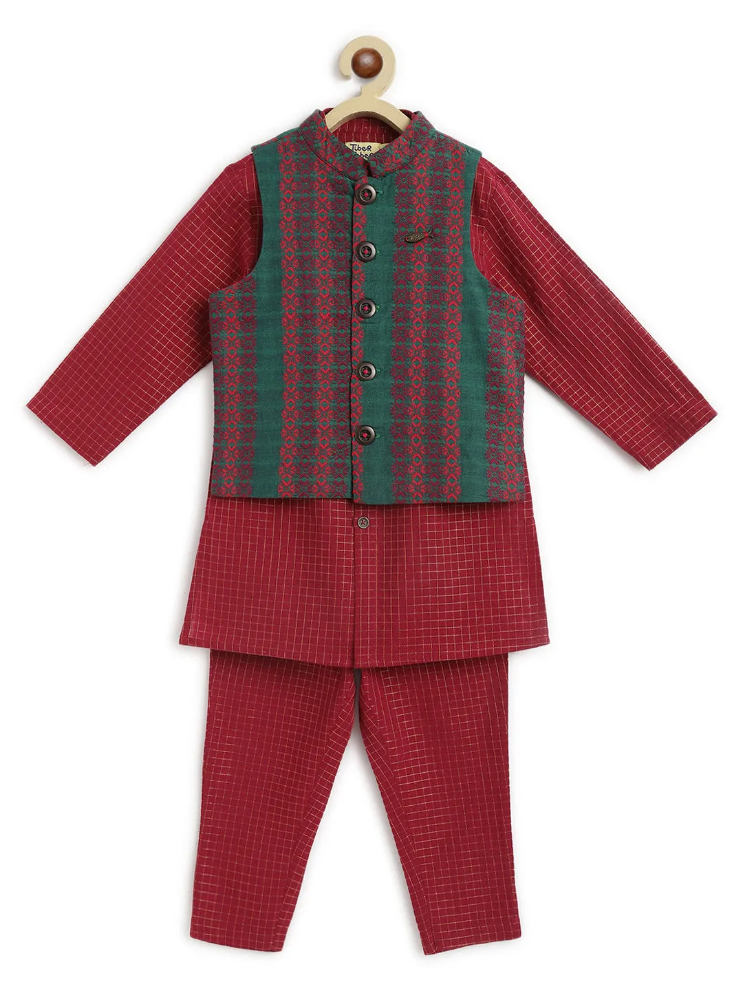 Boy Jacquard Multi 3 Pc Bundi Set - Maroon