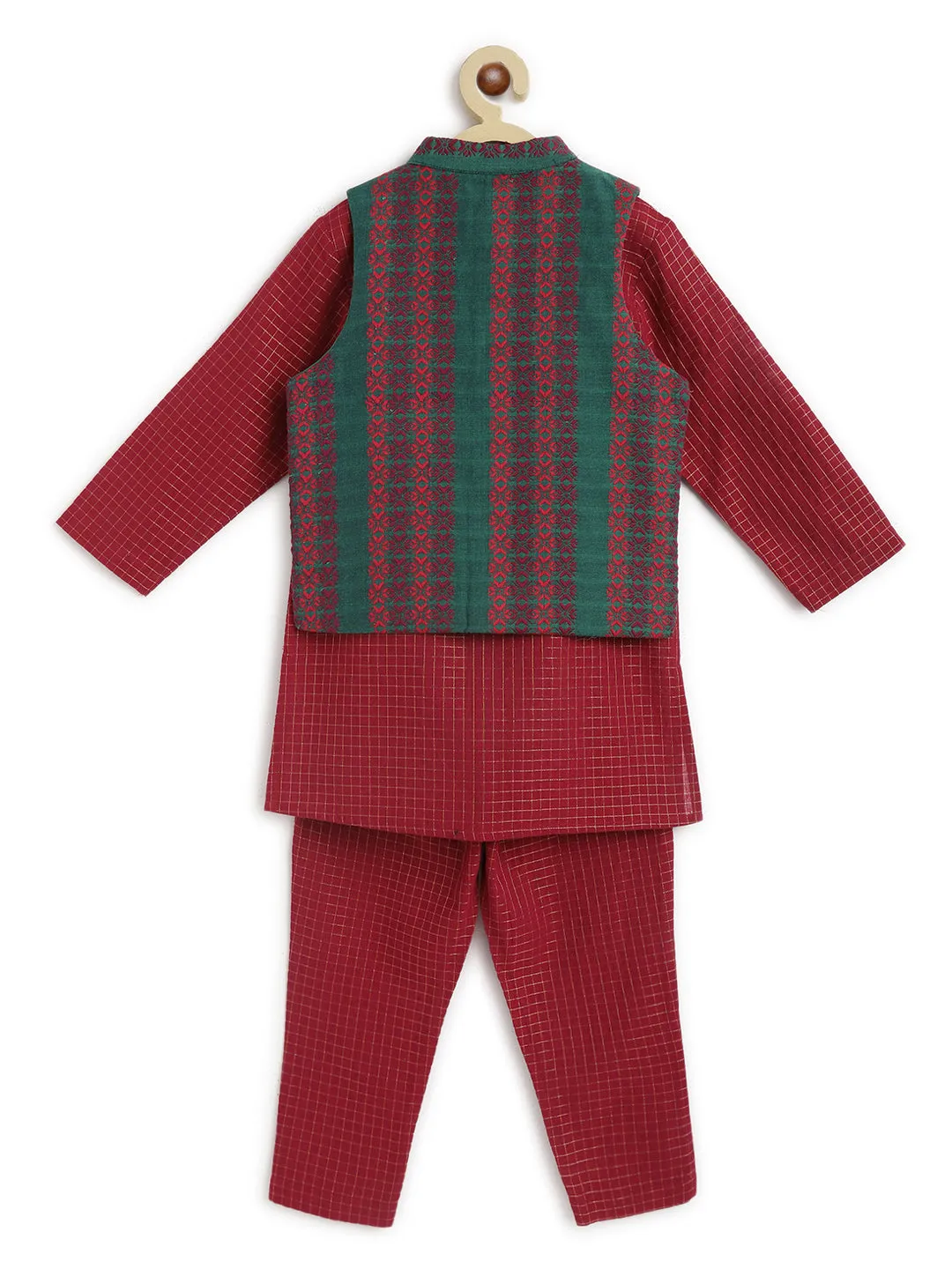 Boy Jacquard Multi 3 Pc Bundi Set - Maroon