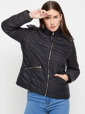 Cantabil Black Full Sleeves Detachable Hooded Neck Puffer Casual Jacket For Women