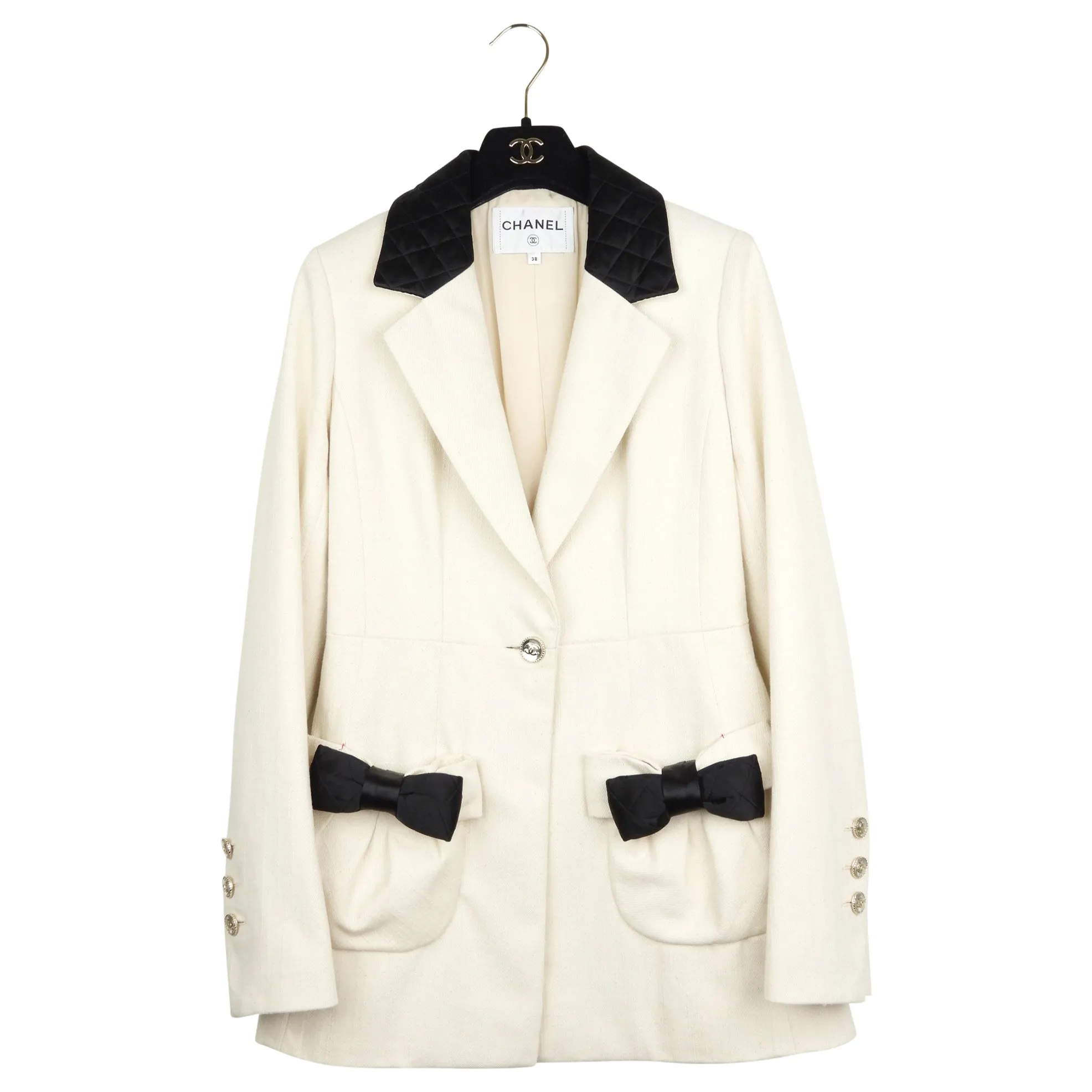 Chanel 21S Ecru Cotton Jacket with Elegant Silk Satin Bow Accents - Size FR38