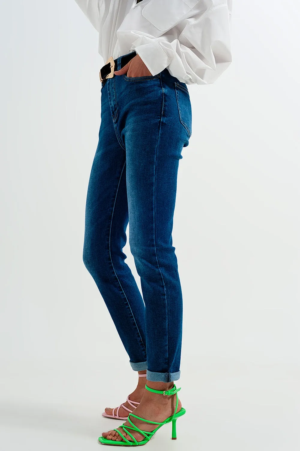 Cotton Blend Skinny Jeans in Dark Blue