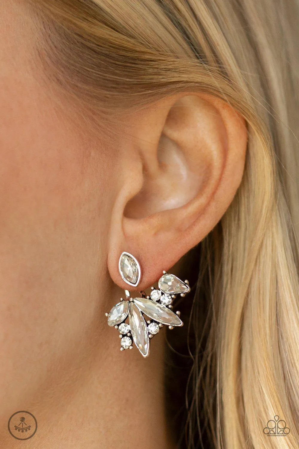 Deco Dynamite White Rhinestone Double-sided Post Earrings - Paparazzi Accessories