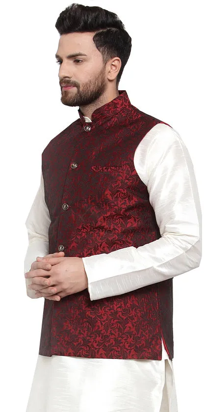 Elegant Maroon Brocade Nehru Jacket for Men - Stylish Indian Vest