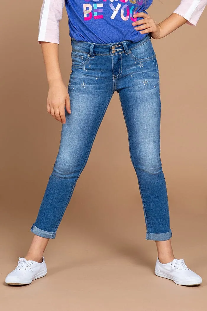 Girls 2-Button Cuffed Ankle Jeans with Flower Studs