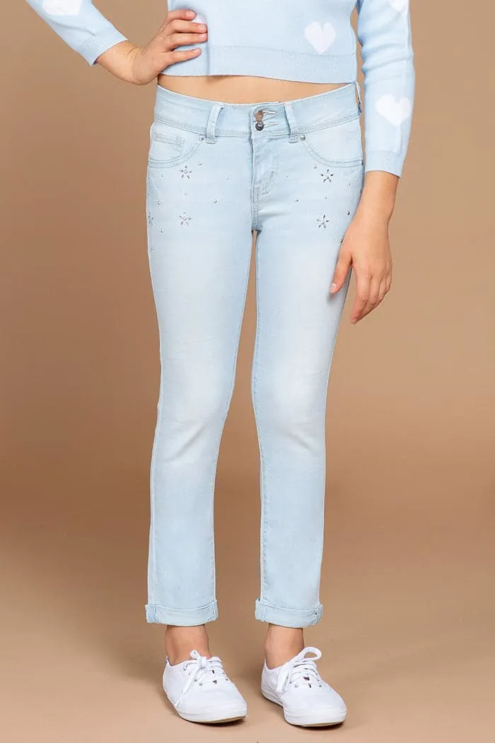 Girls 2-Button Cuffed Ankle Jeans with Flower Studs