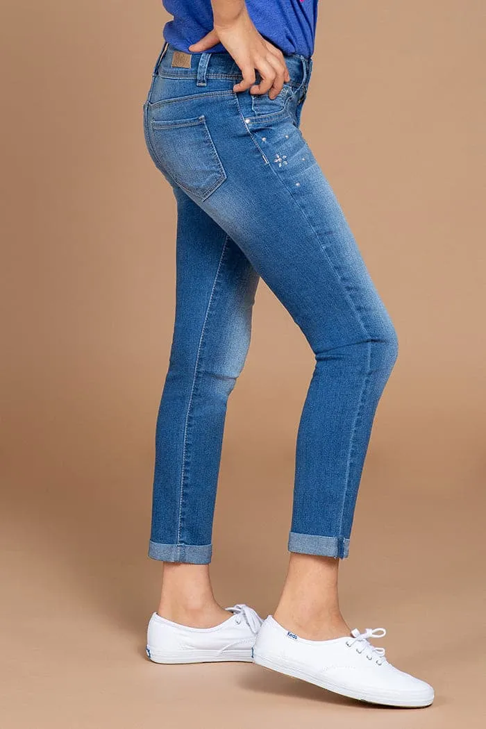 Girls 2-Button Cuffed Ankle Jeans with Flower Studs