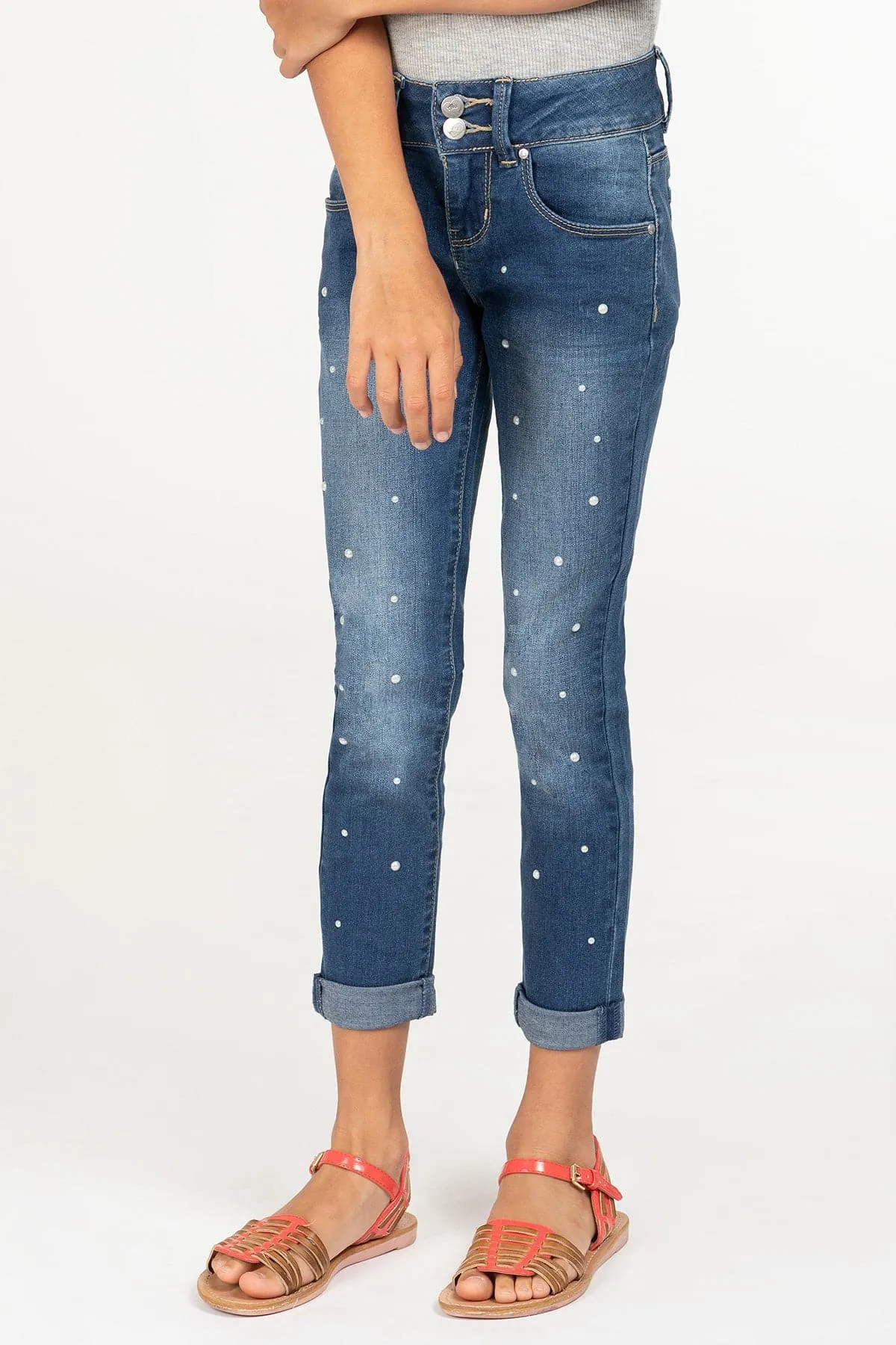 Girls 2-Button Pearl Stud Denim Skinny Jeans with Rolled Cuffs