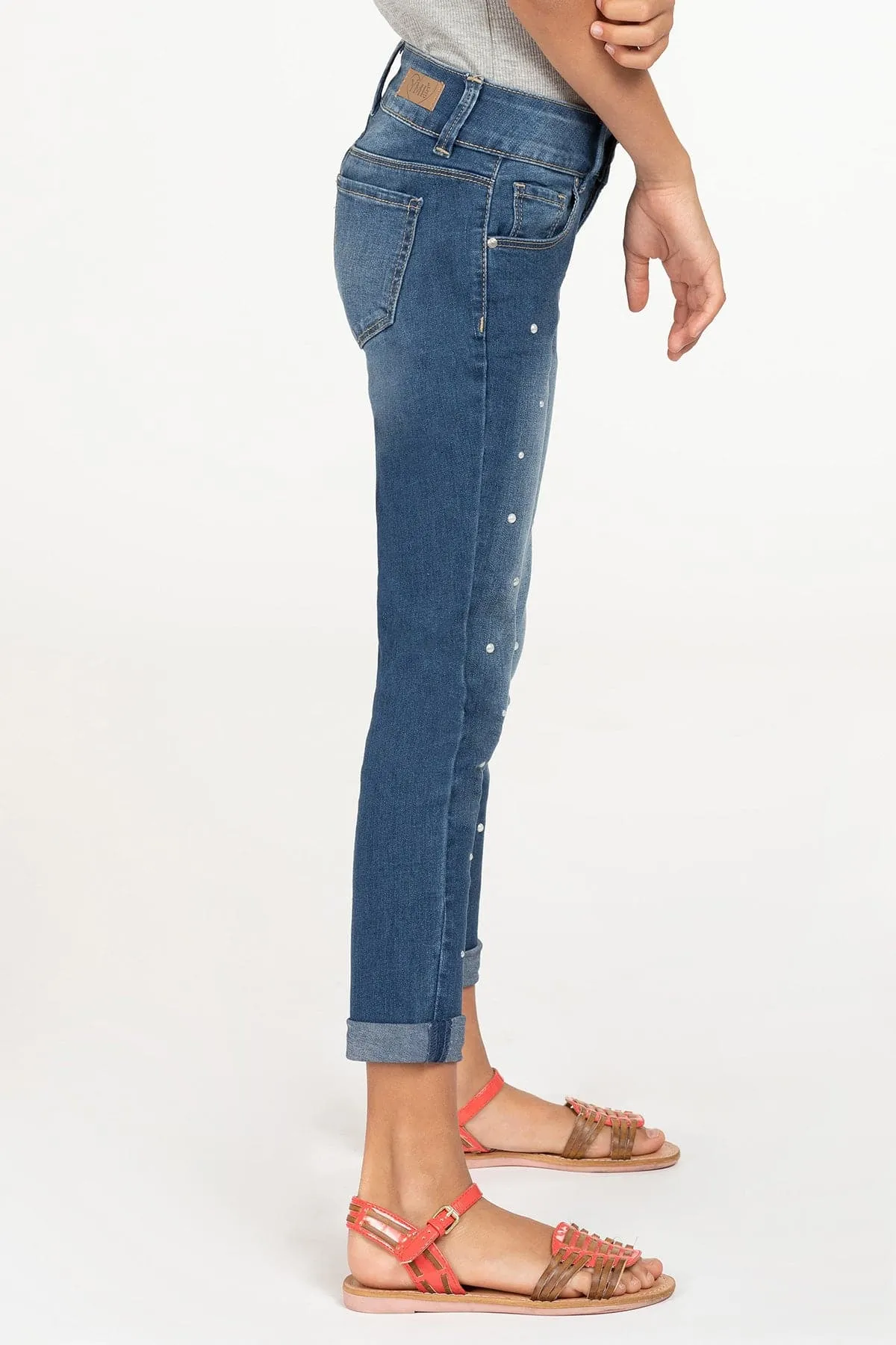 Girls 2-Button Pearl Stud Denim Skinny Jeans with Rolled Cuffs