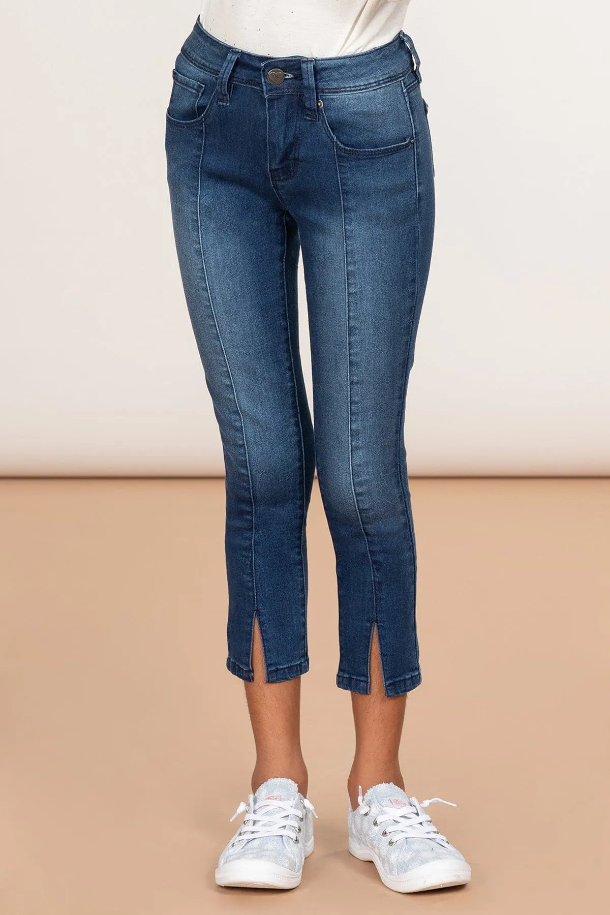 Girls Denim Ankle Jeans with Front Seam & Slit