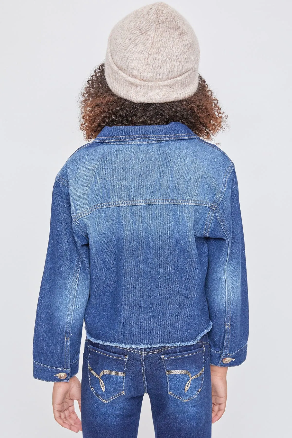 Girls Patch Pocket Oversized Denim Jacket With Fray Hem