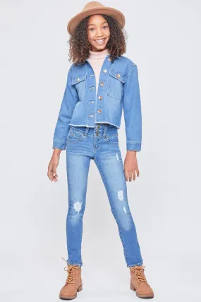 Girls Patch Pocket Oversized Denim Jacket With Fray Hem