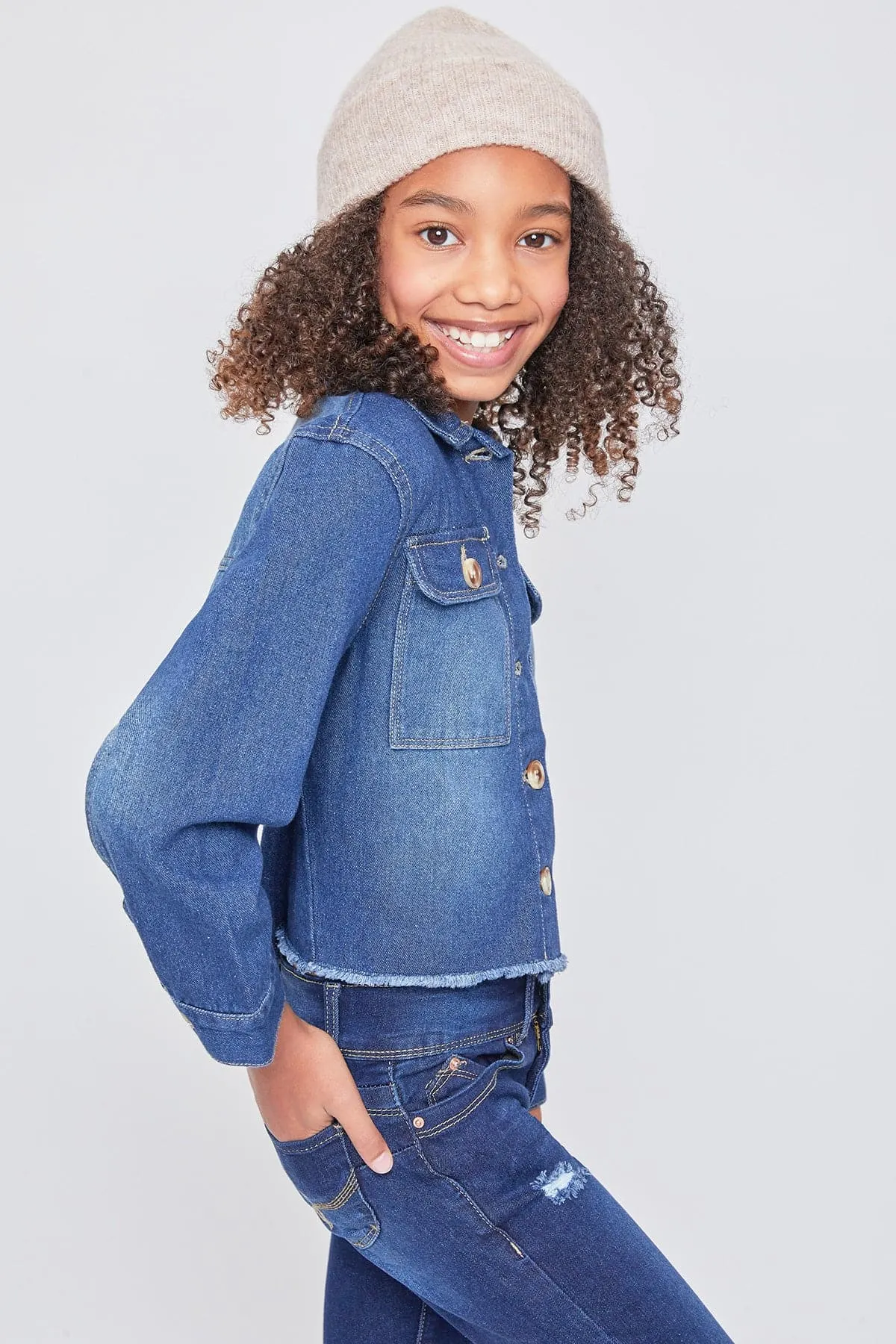 Girls Patch Pocket Oversized Denim Jacket With Fray Hem