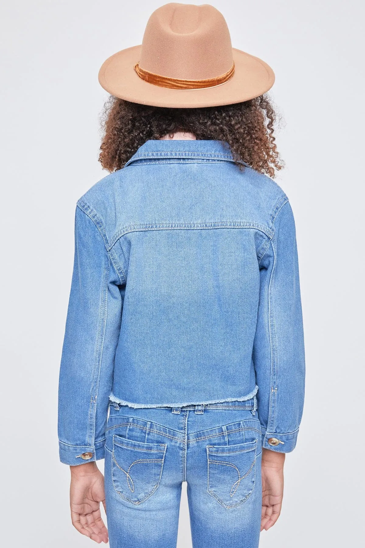 Girls Patch Pocket Oversized Denim Jacket With Fray Hem