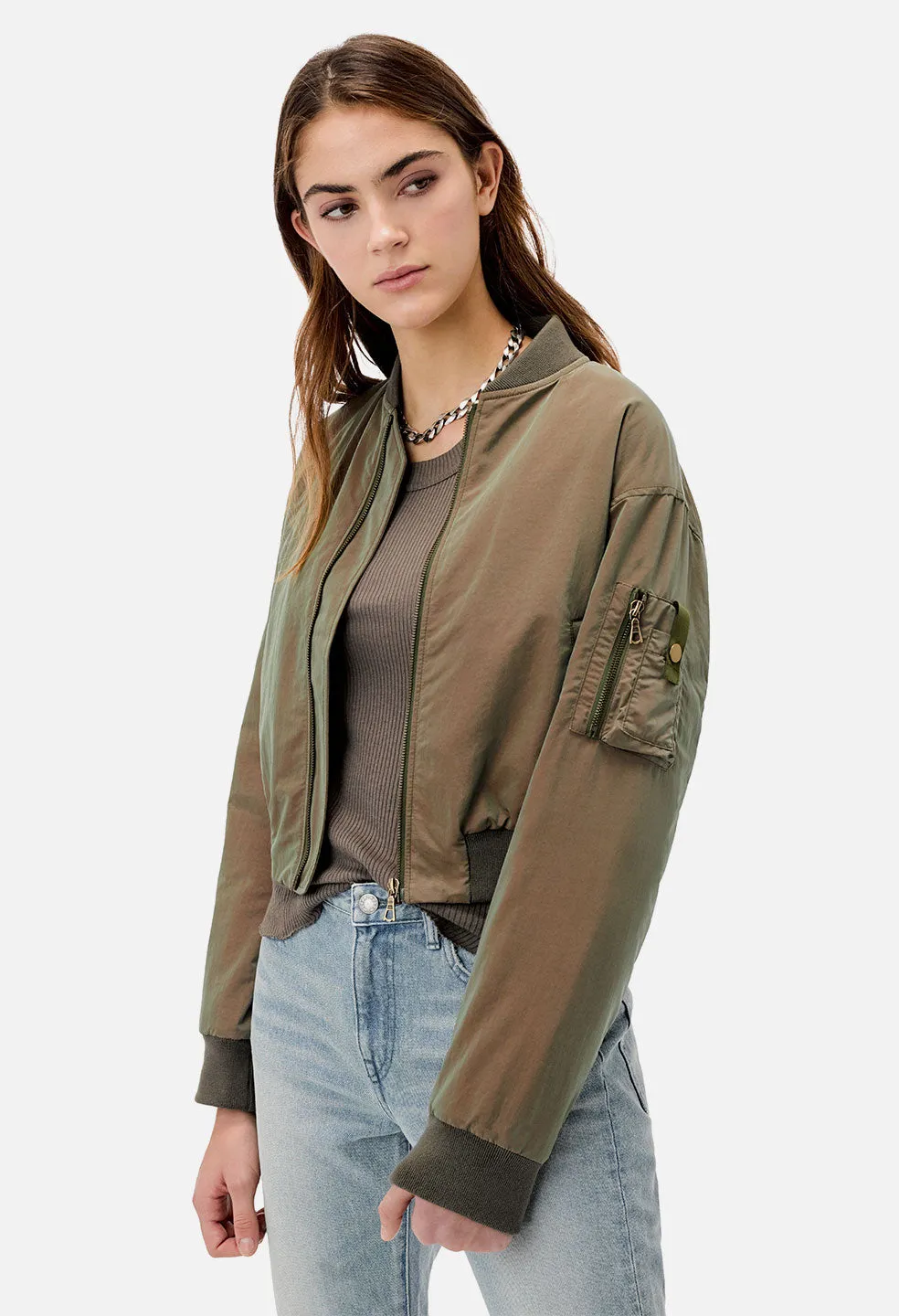 Iridescent Hunter Cropped Bomber / Olive