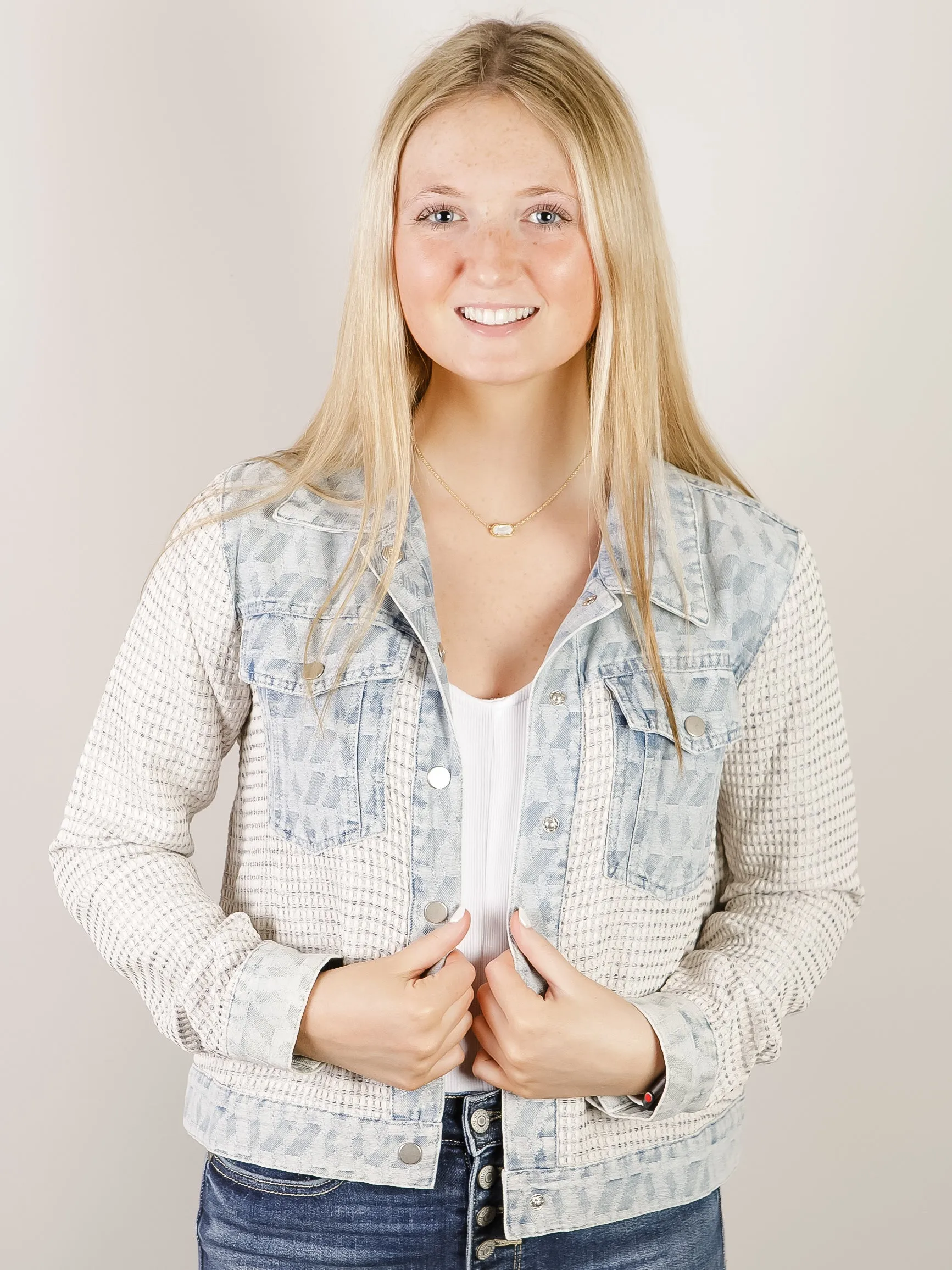 Mixed Print White Waffle and Denim Jacket