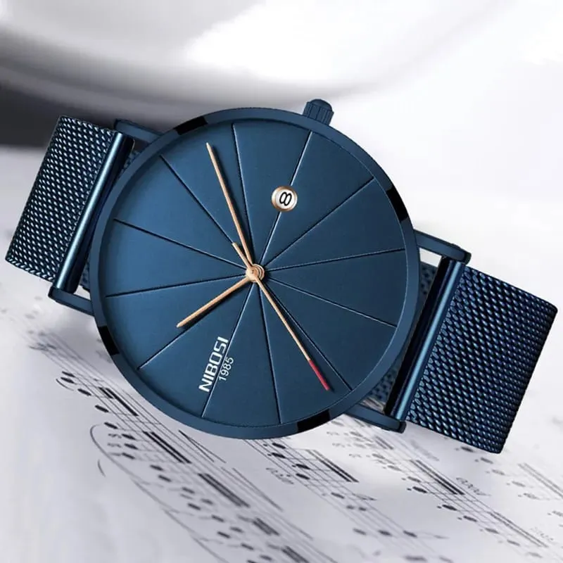 NIBOSI Men Blue Stainless Steel Ultra Thin Watches Men Classic Quartz Watches S4592618