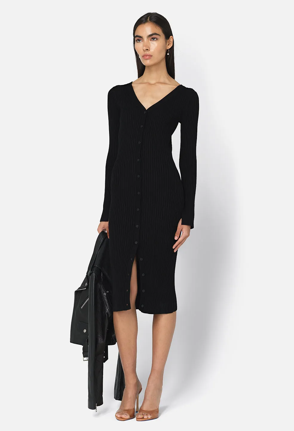 Piper Silk Rib Button Dress / Black