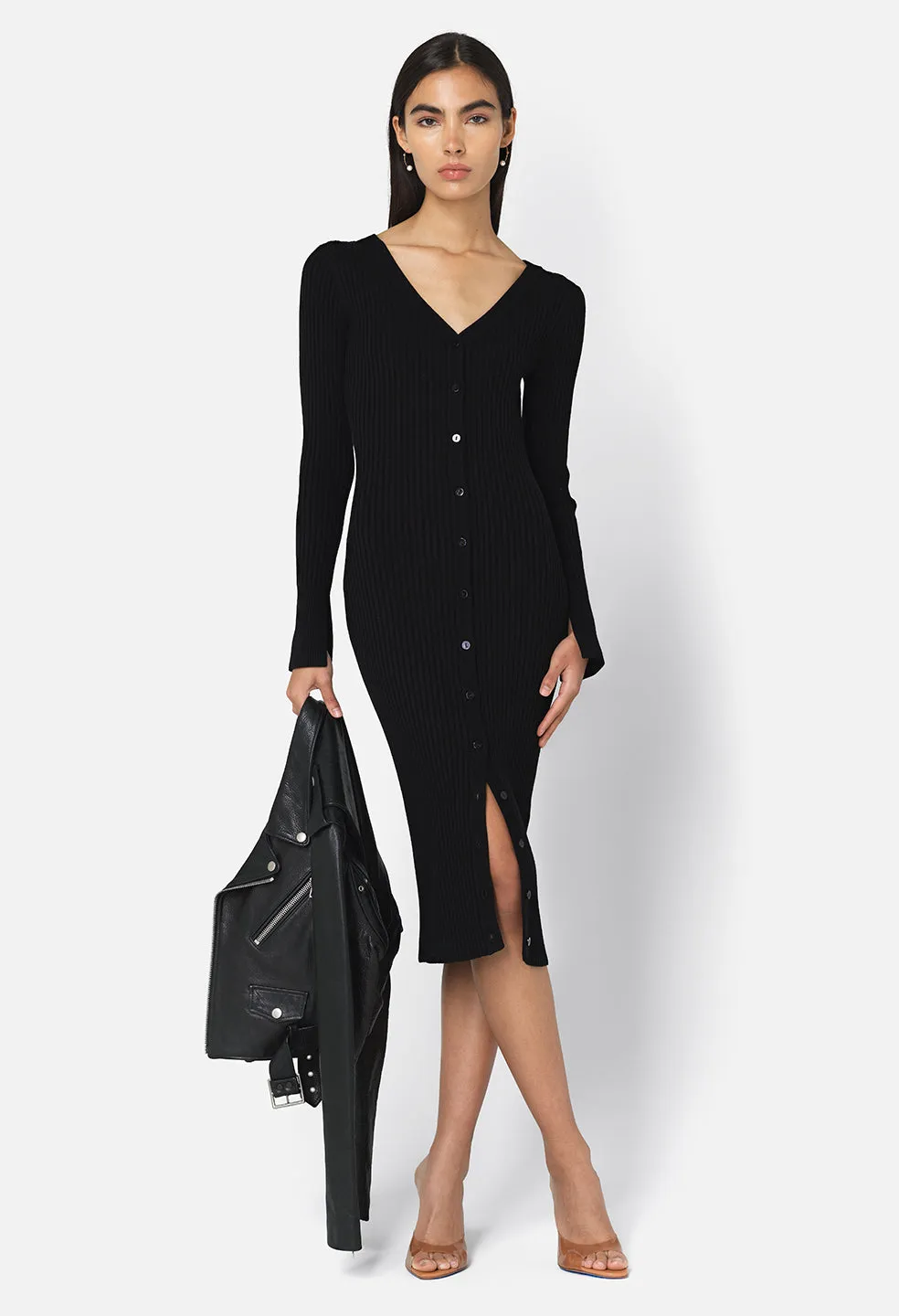 Piper Silk Rib Button Dress / Black