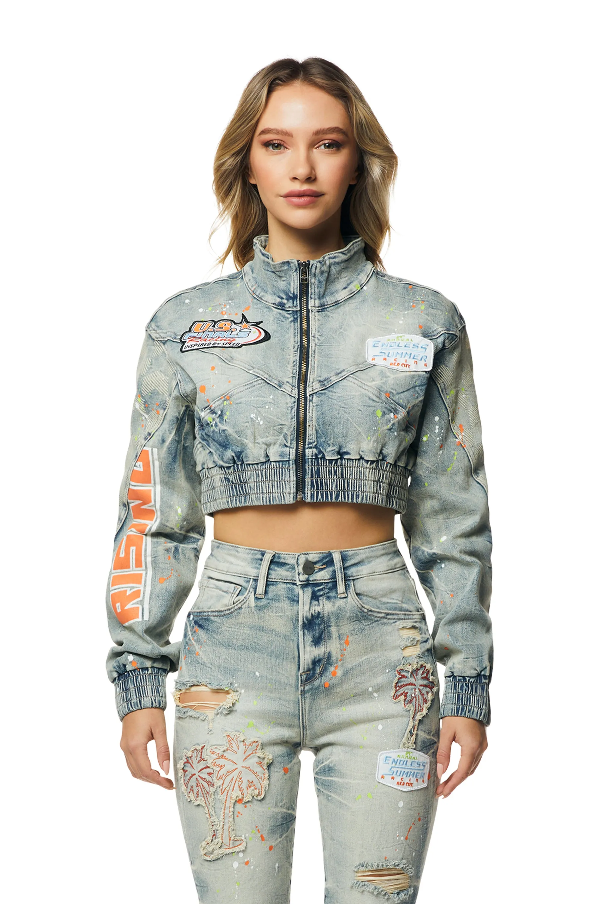 Racing Cropped Jean Jacket - Alpine Blue