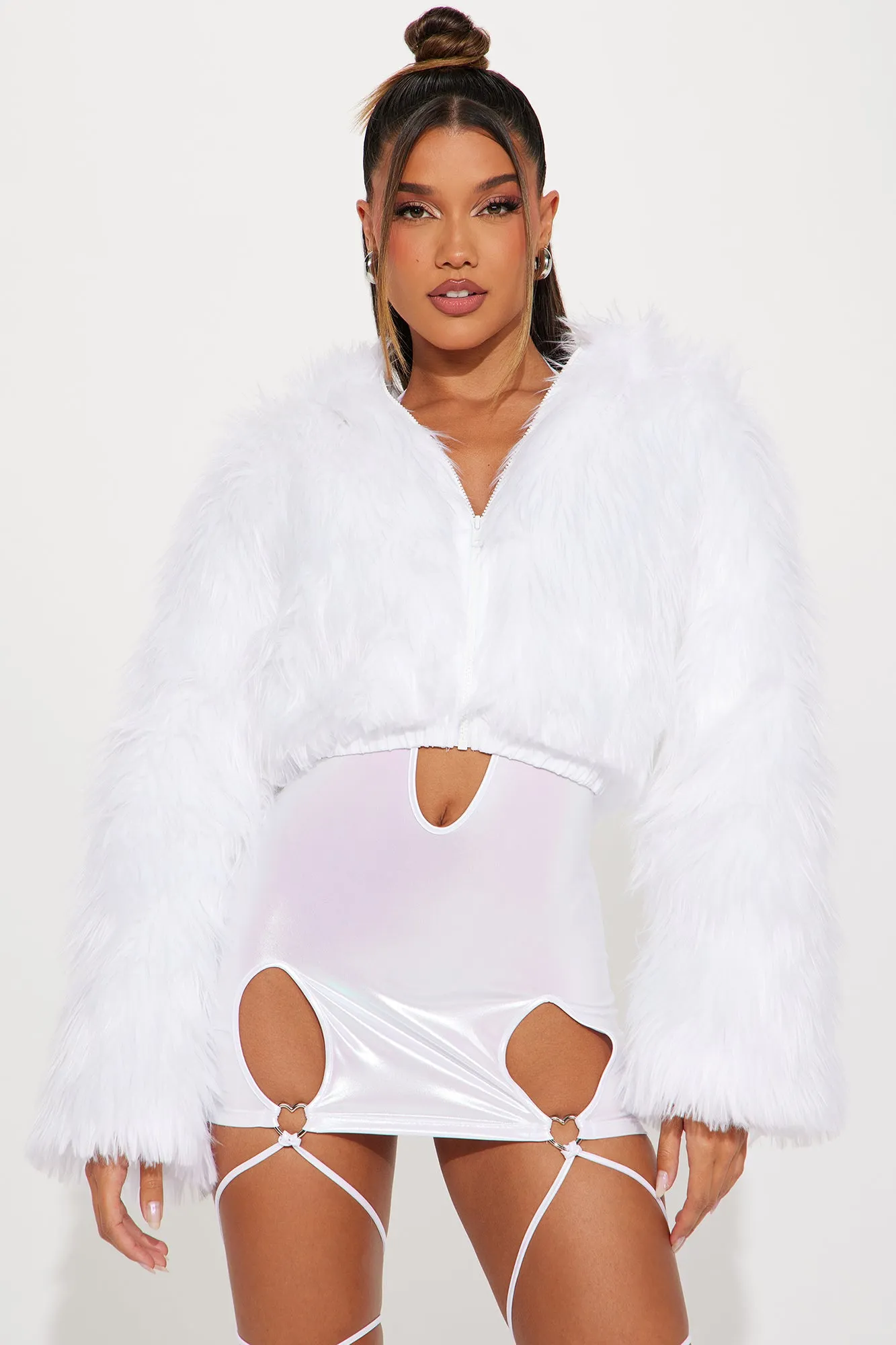 Rave Girl Era Faux Fur Light Up Dance Cropped Jacket - White