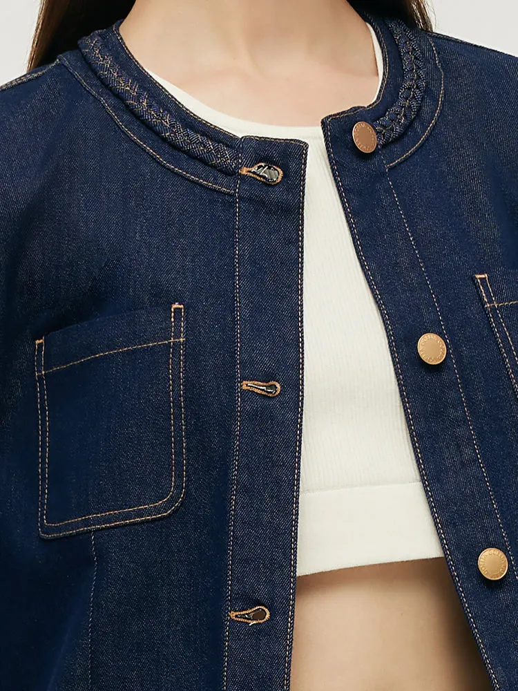 Round Neck Women Crop Denim Jacket