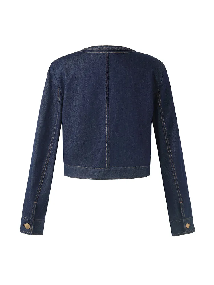 Round Neck Women Crop Denim Jacket