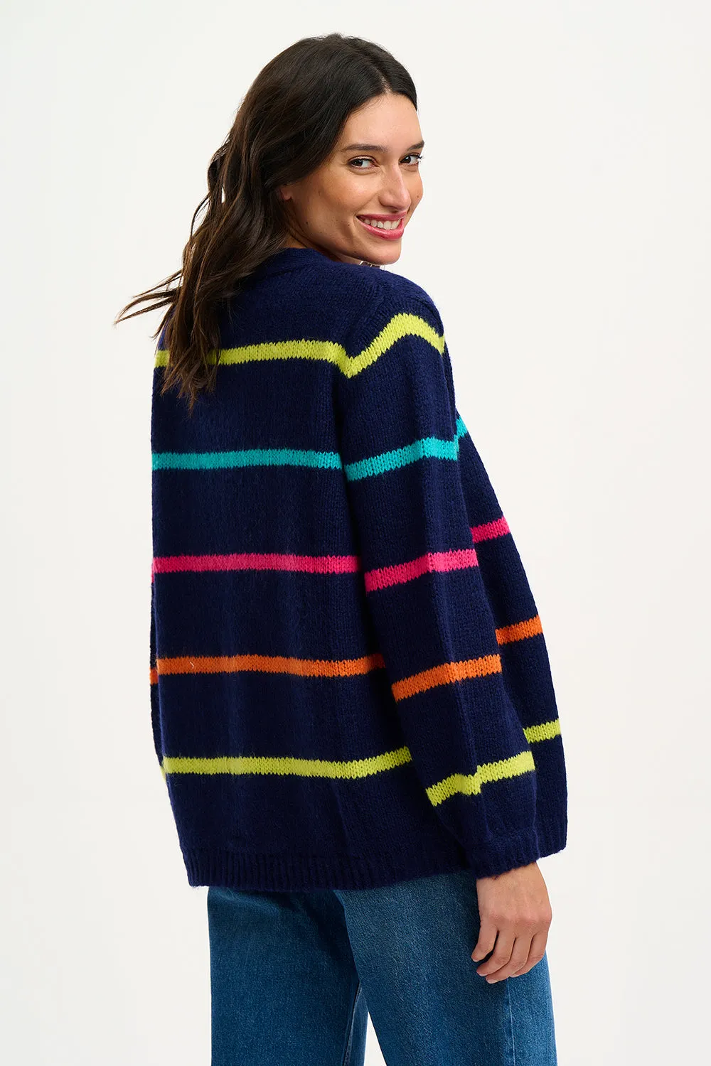 Sugarhill Brighton Navy Bright Lines Yvette Cardigan