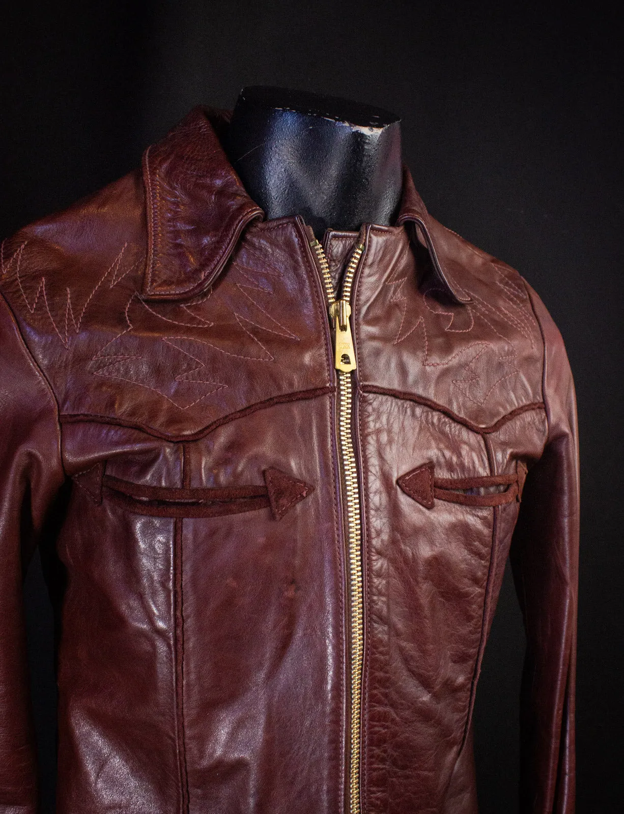 Vintage East West Musical Instruments Burgundy Stitched Leather Jacket 70s