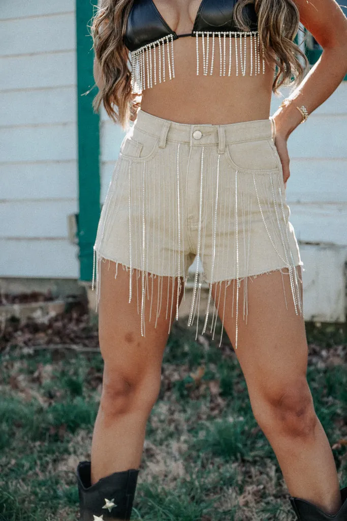 Wild West Rhinestone Fringe Shorts- Tan