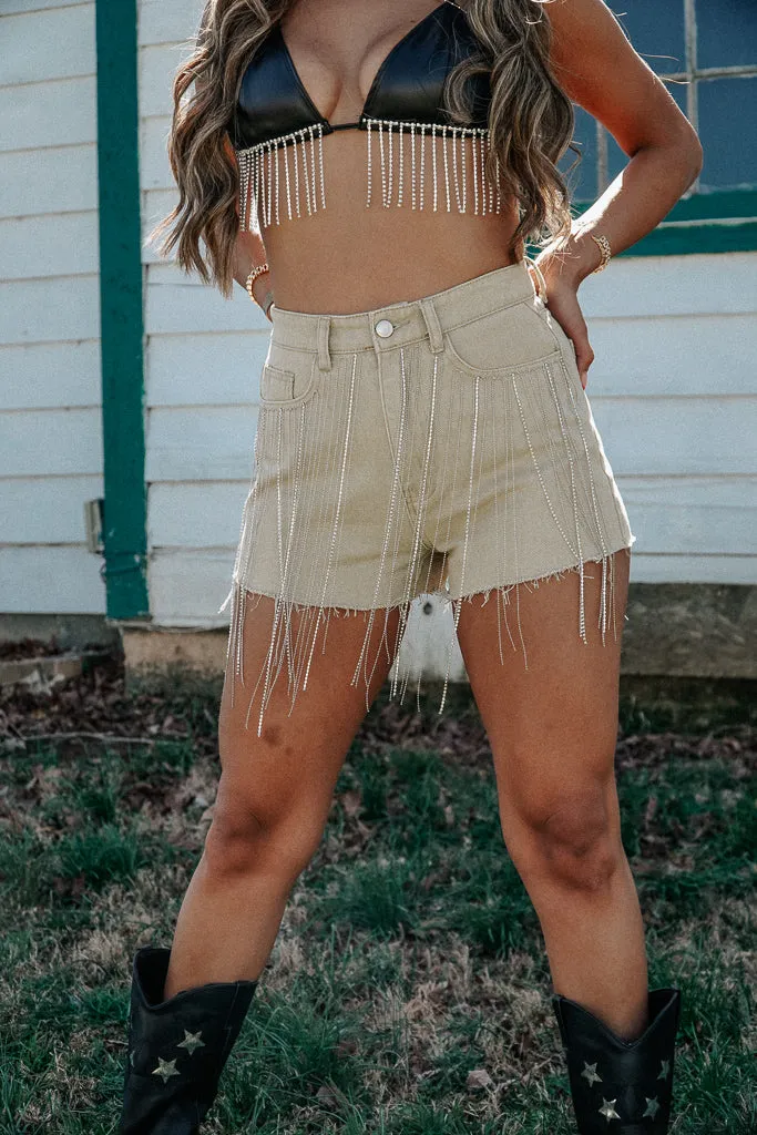 Wild West Rhinestone Fringe Shorts- Tan