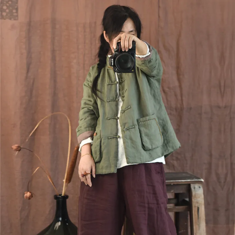 Women Autumn Retro Linen Cotton Padded Jacket