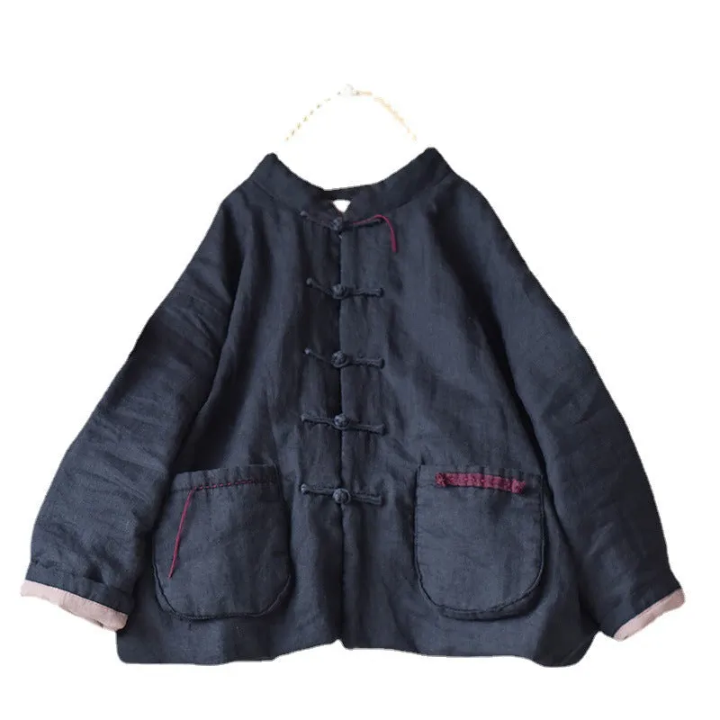 Women Autumn Retro Linen Cotton Padded Jacket