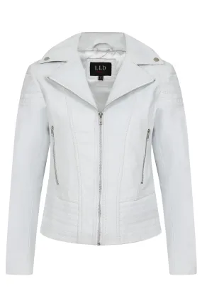 Women's White Smart Real Leather Biker Jacket - SUZY