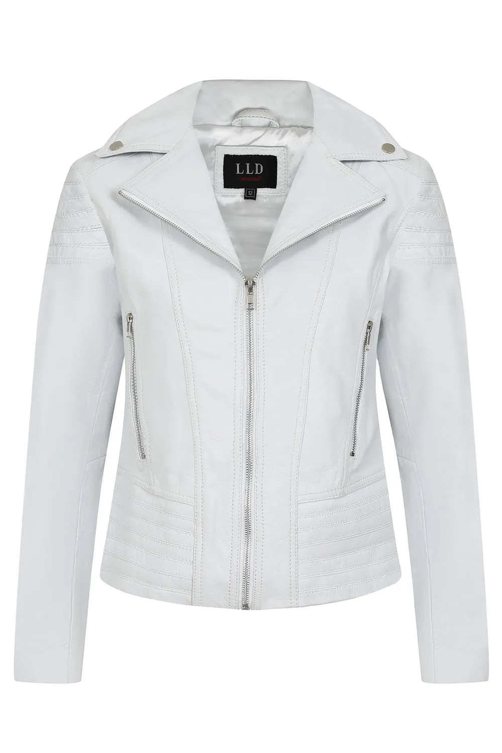 Women's White Smart Real Leather Biker Jacket - SUZY